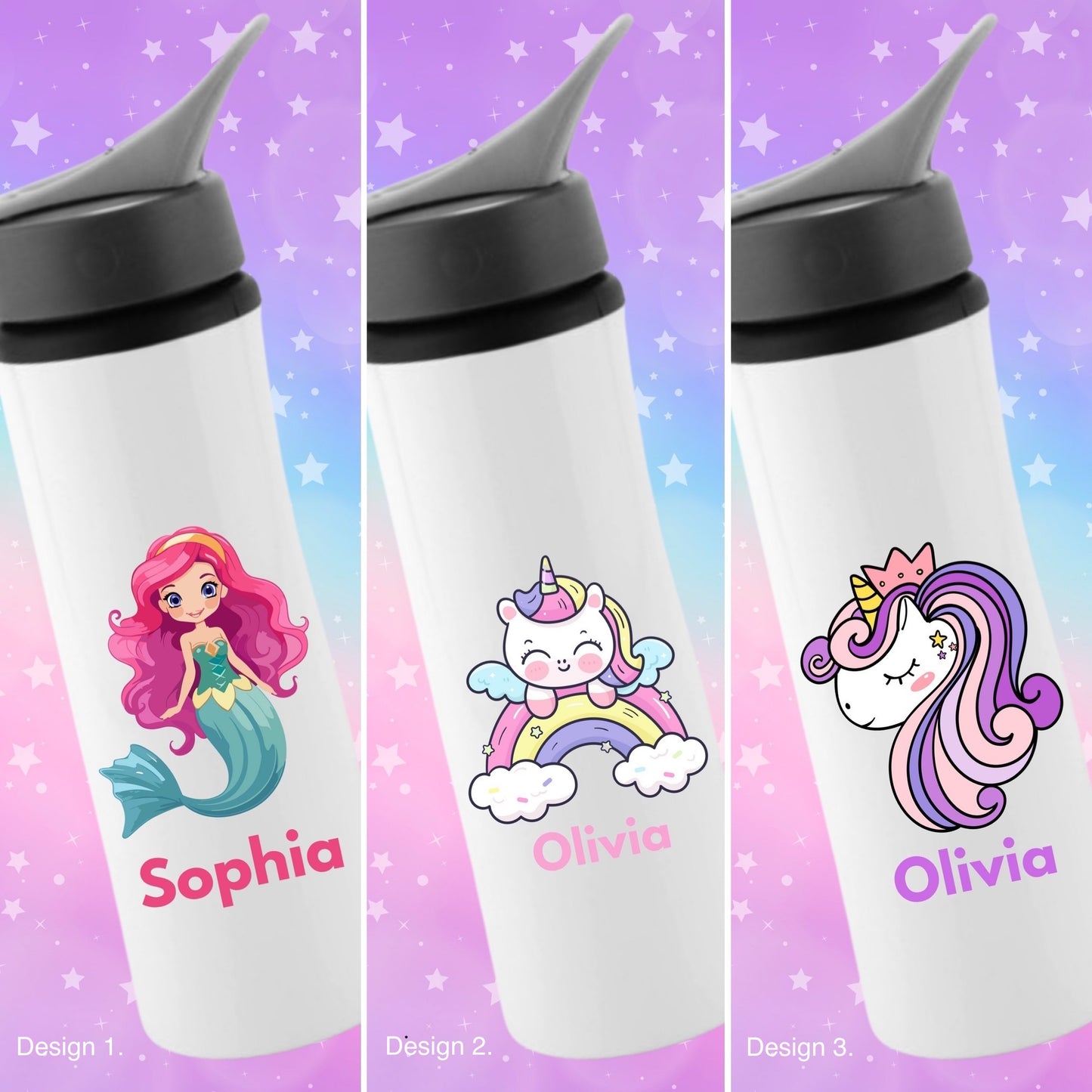 Personalised water bottle- Beautiful mermaid, unicorn & pony designs